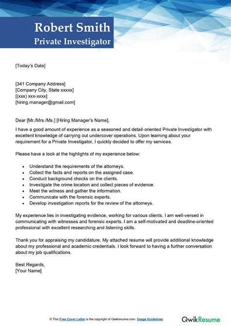 Private Investigator Cover Letter Examples QwikResume