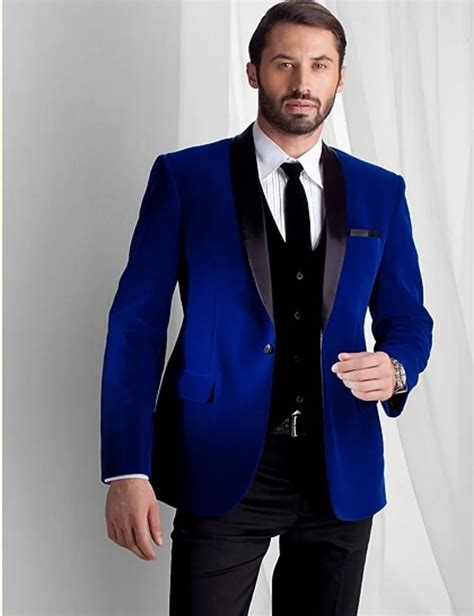 Groomsmen Shawl Lapel Groom Tuxedos Royal Blue Velvet Jacket Men Suits
