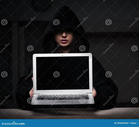 Female Hacker Hacking Security Firewall Late In Office Stock Photo