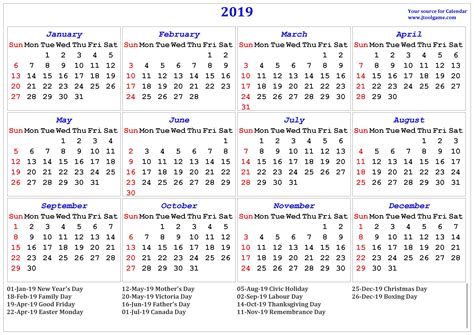 2019 Calendar Printable Calendar 2019 Calendar In Multiple Colors