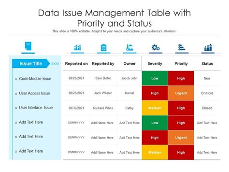 Data Issue Management Table With Priority And Status Presentation