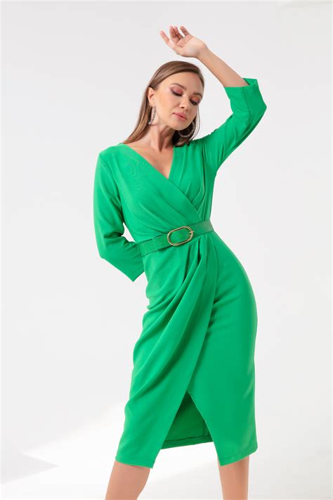 Womens Green Pleat Detailed Midi Dress 22k383098r18