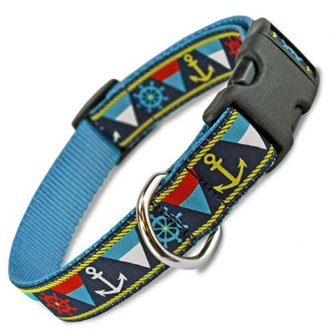 Nautical Dog Collar Quick Release Snap On Style Buckle Navy Blue