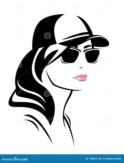 Vector Portrait Of Beautiful Woman Wearing Sunglasses And Baseball Cap Stock Vector
