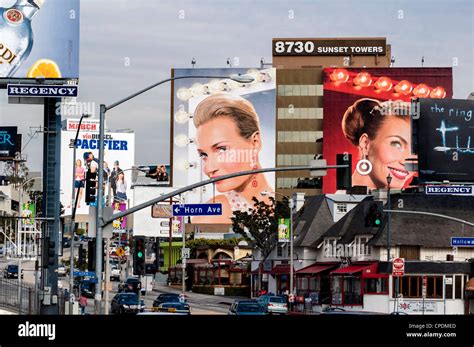 Sunset Boulevard Giant Advertising Billboards Over The Street Los Angeles California Usa