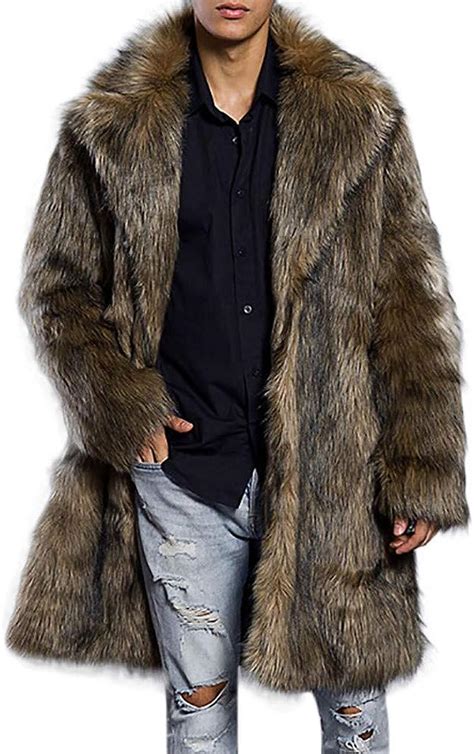 Mens Warm Overcoat Luxury Faux Fur Coat Winter Furry Outwear Thick