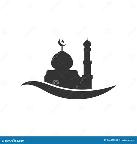 Mosque Silhouette In Night Sky With Crescent Moon And Star Cartoon