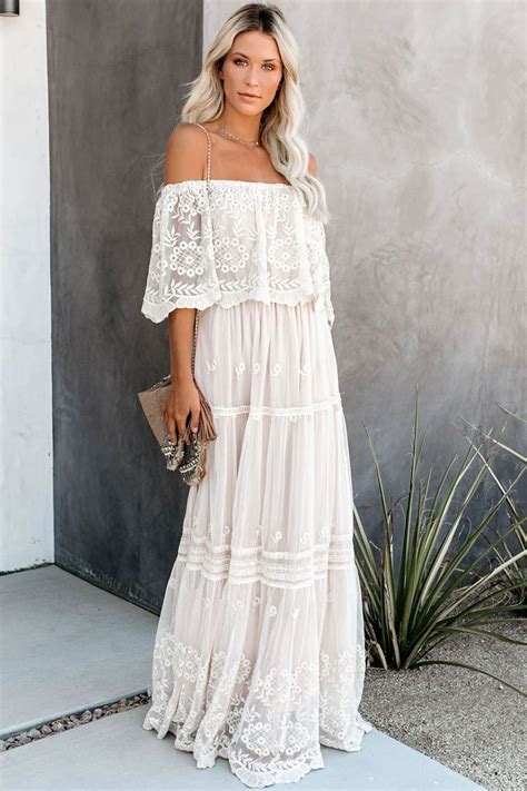 Cutesove Floral Embroidered Off Shoulder Lace Maxi Beach Vacation Dress