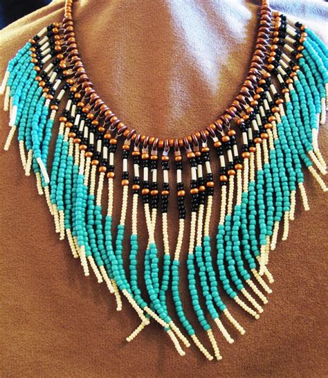 Native American Style Turquoise And Tan Seed Beaded Necklace