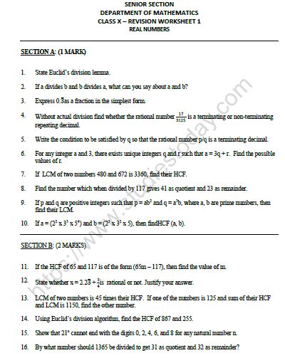 Real Numbers Worksheet Class 10 Pdf