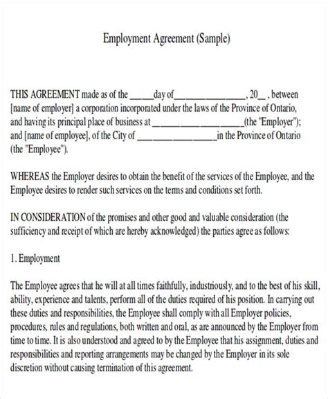 job agreement contract sample  examples  word