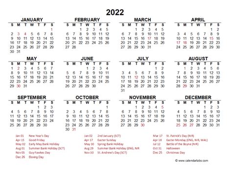 2022 Year At A Glance Calendar With Ireland Holidays Free Printable