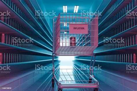 3d Rendering Of Empty Shopping Trolley Labelled With The Sign Inflation