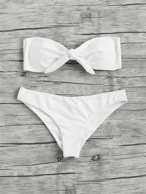 Shop Knot Front Ruched Detail Bandeau Bikini Set Online Shein Offers