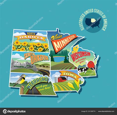 Illustrated Pictorial Map Midwest United States Includes North South