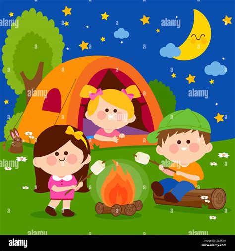 Happy Children In A Forest Camping Site At Night Vector Illustration