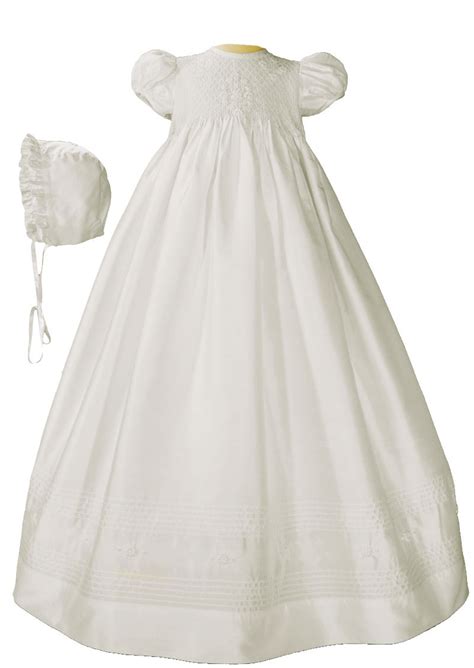 Girls 32 White Silk Christening Baptism Gown With Smocked Bodice