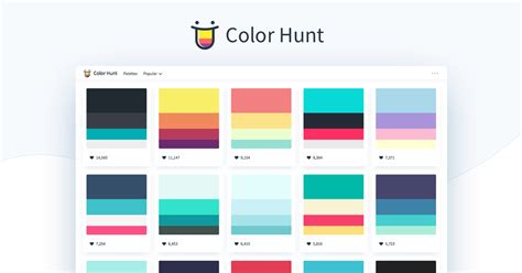 The page contains gold and similar colors including their accompanying hex and rgb codes. Color Hunt - Popular Schemes for Designers and Artists