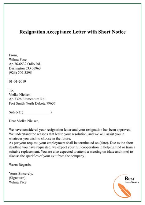 Acceptance Of Resignation Letter With Short Notice Database Letter