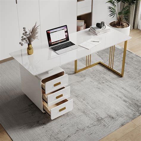 71 Modern White Home Office Executive Desk With Drawers Storage
