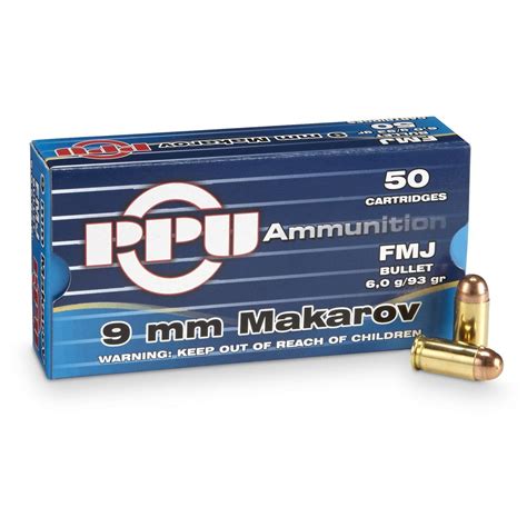 Ppu 9x18mm Makarov Fmj 93 Grain 50 Rounds 222518 9x18mm Ammo At