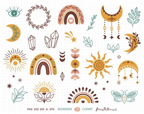 Boho Svg Clipart Celestial Clipart Moon And Sun Svg Bohemian Etsy