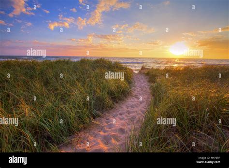 Path To A Sunset Beach Winding Trail Through Dune Grass Leads To A