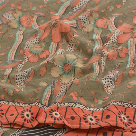 Kreatvkraft Vintage Sari 100 Pure Crepe Silk Sarees Indian Green