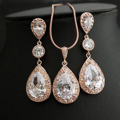 Rose Gold Bridal Earrings And Necklace Set Wedding Jewelry Set Clear