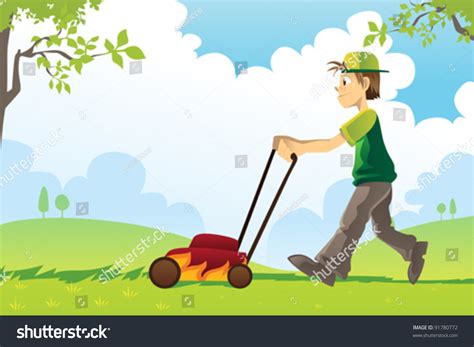Vektor Stok Vector Illustration Man Mowing Lawn Tanpa Royalti