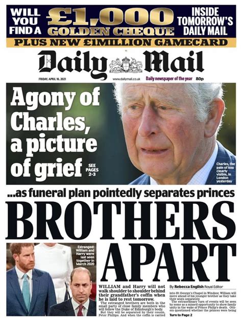 daily mail front page 16th of april 2021 tomorrow s papers today