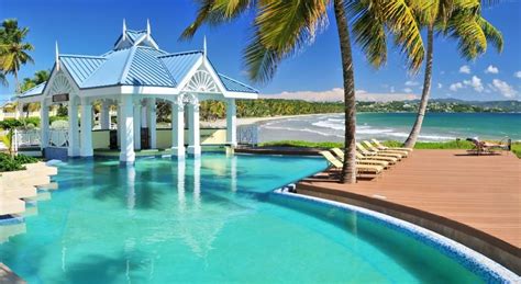An Outdoor Swimming Pool Surrounded By Palm Trees And The Ocean In The