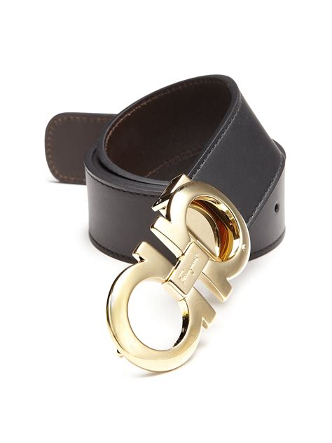 Ferragamo Adjustable And Reversible Double Gancini Leather Belt In Black