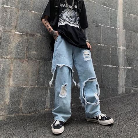 Destroyed Ripped Hole Denim Pant Harajuku High Streetwear Hip Etsy In Tombabe Style