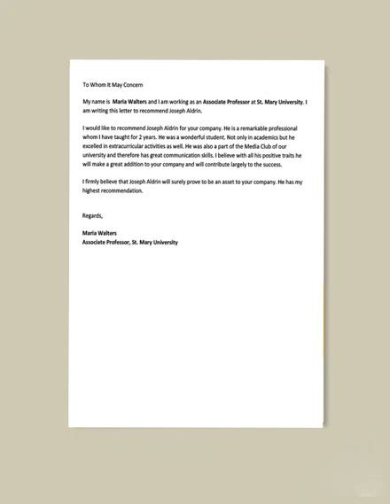 Community Service Recommendation Letter Template Word