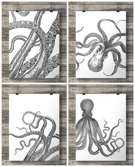 Octopus Prints Black White Tentacles Kraken Nautical Art Set Of Four