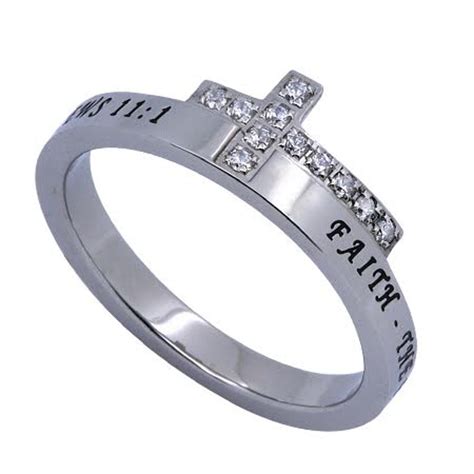 Faith Engraved Bible Verse Sideways Cross Ring With Cz Stainless Steel