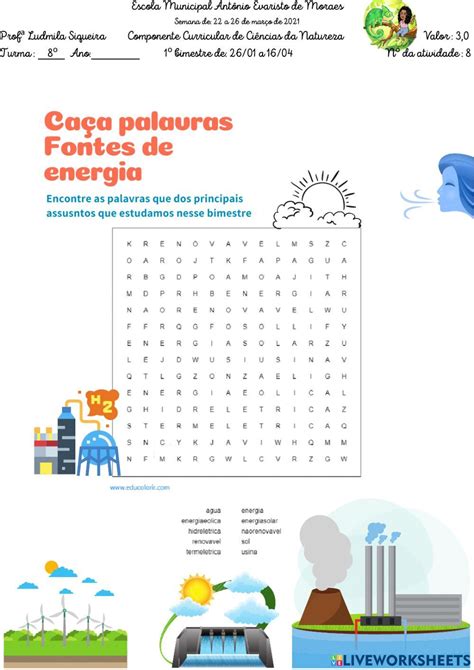 Avaliação Fontes de Energia worksheet babe subjects Workbook Teachers