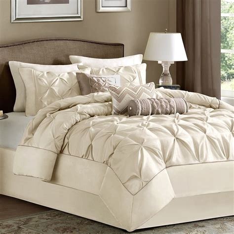New Full Queen Cal King Bed 7 Pc Ivory Cream Pinch Pleat Comforter Set