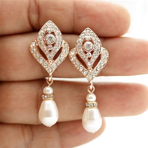 Pearl Drop Rose Gold Earrings Bridal Jewelry Pearl Wedding Etsy