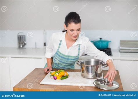 Peaceful Pretty Woman Wearing Apron Cooking Stock Photo Image Of