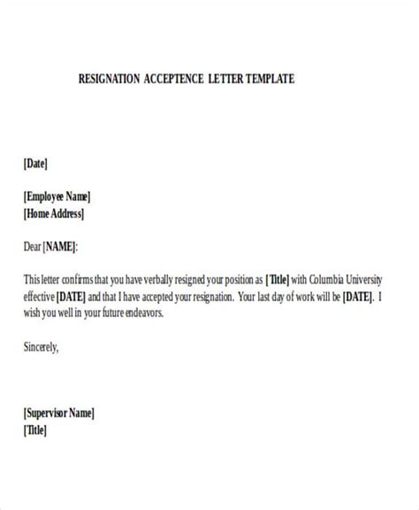 Employment Resignation Acceptance Letter Sample Resignation Letter