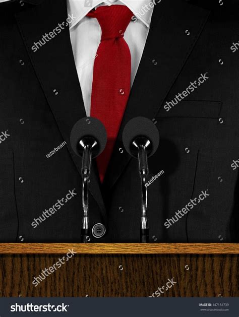 Press Conference At A Podium With Microphones Stock Photo 147154739