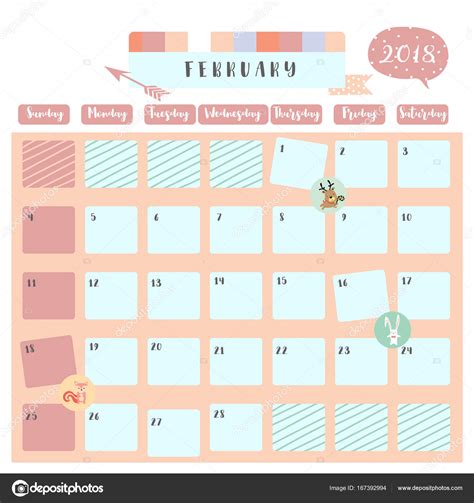 Colorful Cute February 2018 Calendar With Squirrelrabbit And Re Stock