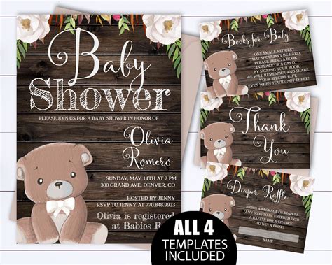 White Floral Bear Baby Shower Invitation Template Teddy Bear Etsy