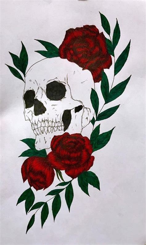 Skull And Rose Drawing In 2020 Skull And Rose Drawing Rose Drawing