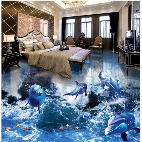 Modern Custom 3d Floor Mural Dolphin Sea World Bathroom