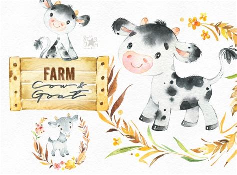 Farm Cow And Goat Watercolor Country Clipart Calf Little Etsy