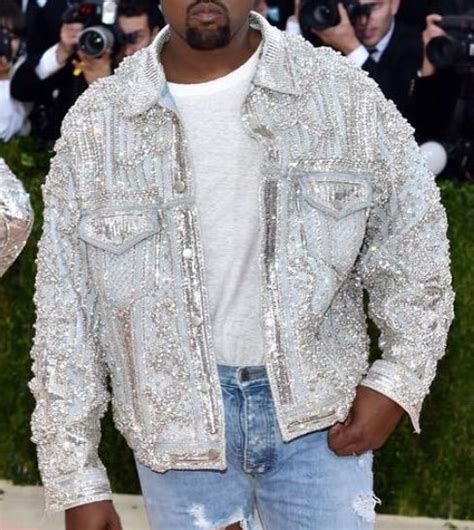 Kanye West At The 2016 Met Gala Wears A Custom Balmain Denim Jacket