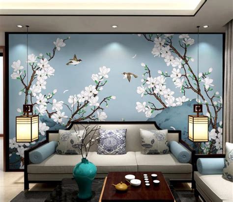 3d Blue Rockery Magnolia Branch Bird Wall Mural Wallpaper